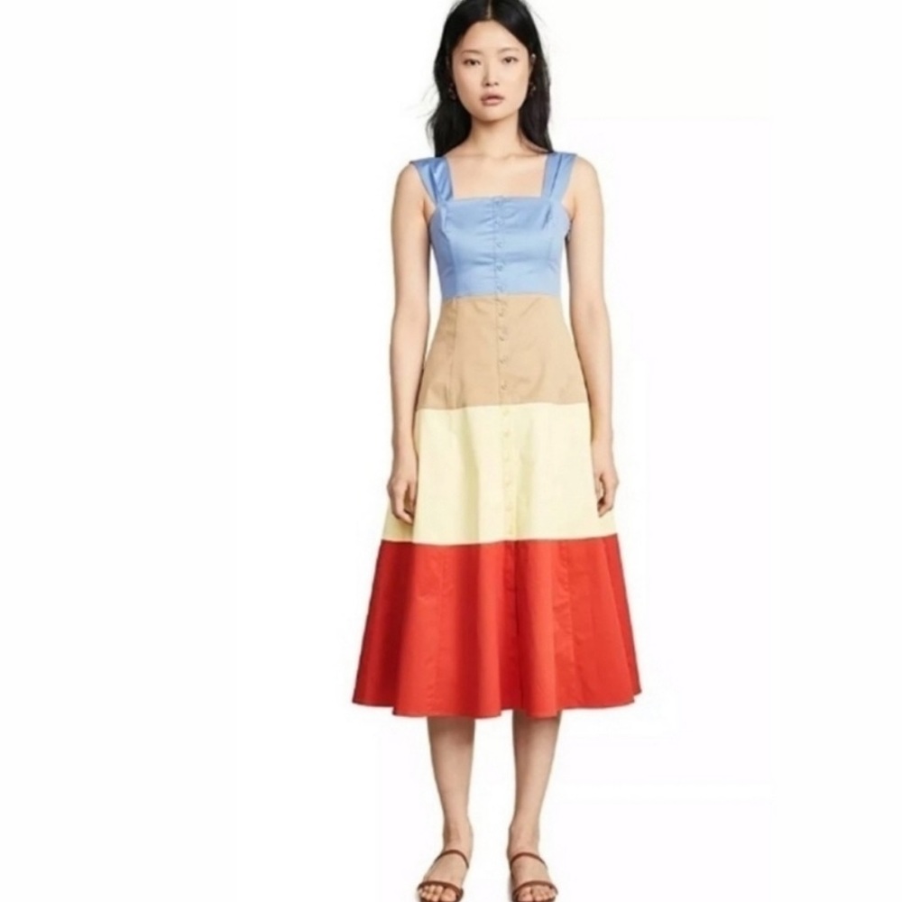 STAUD Colorblock Midi Dress in Blue, Tan, Cream, Red - Picture 8 of 13